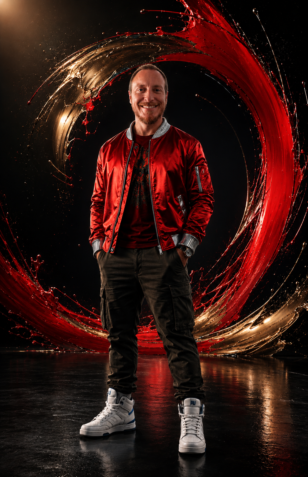 Dan Mowinski, founder of Power Up AI, standing in a red jacket against a dramatic red-and-gold abstract backdrop